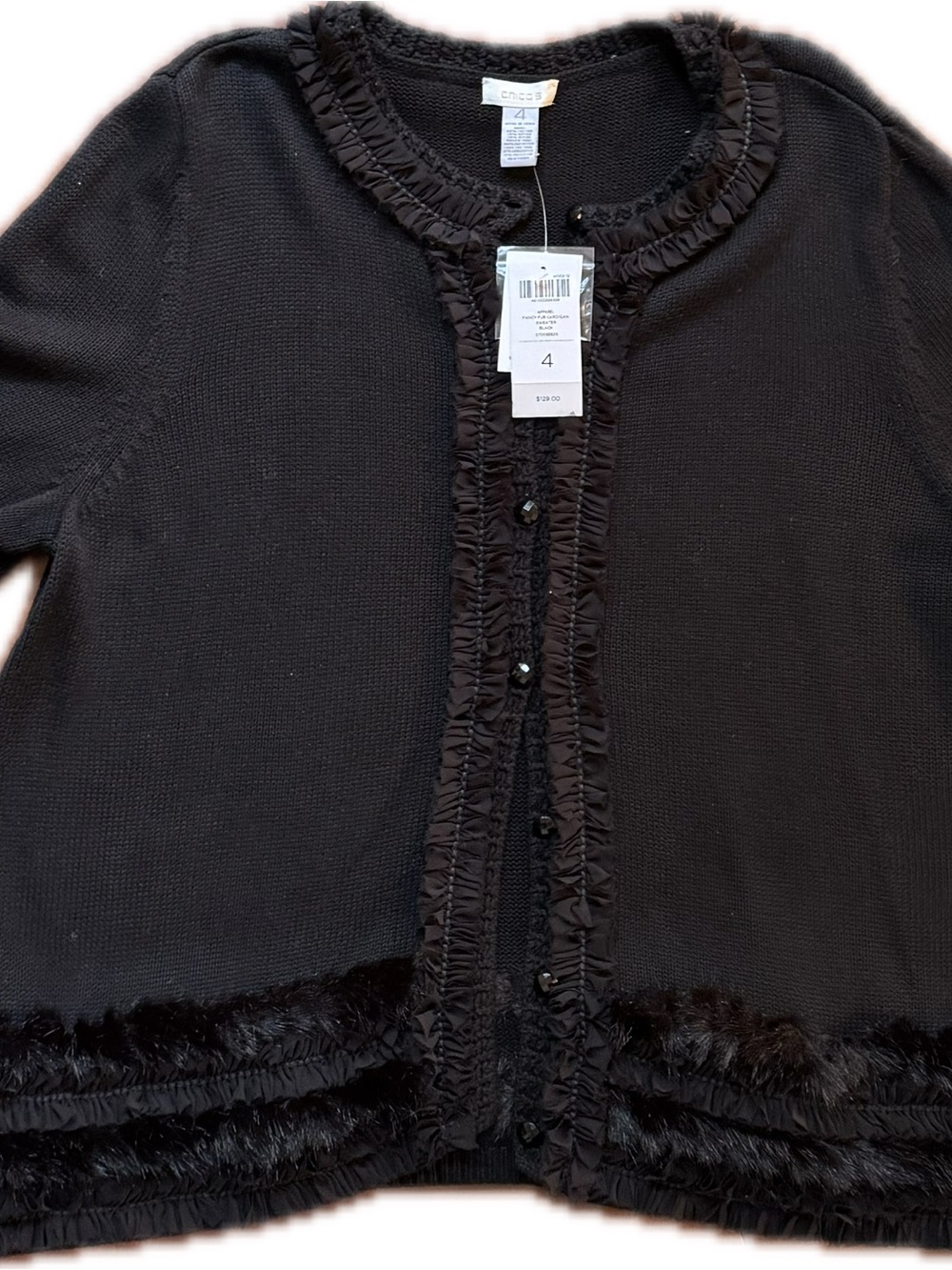 Chico's Black Ruffle & Faux-Fur Trim Cardigan